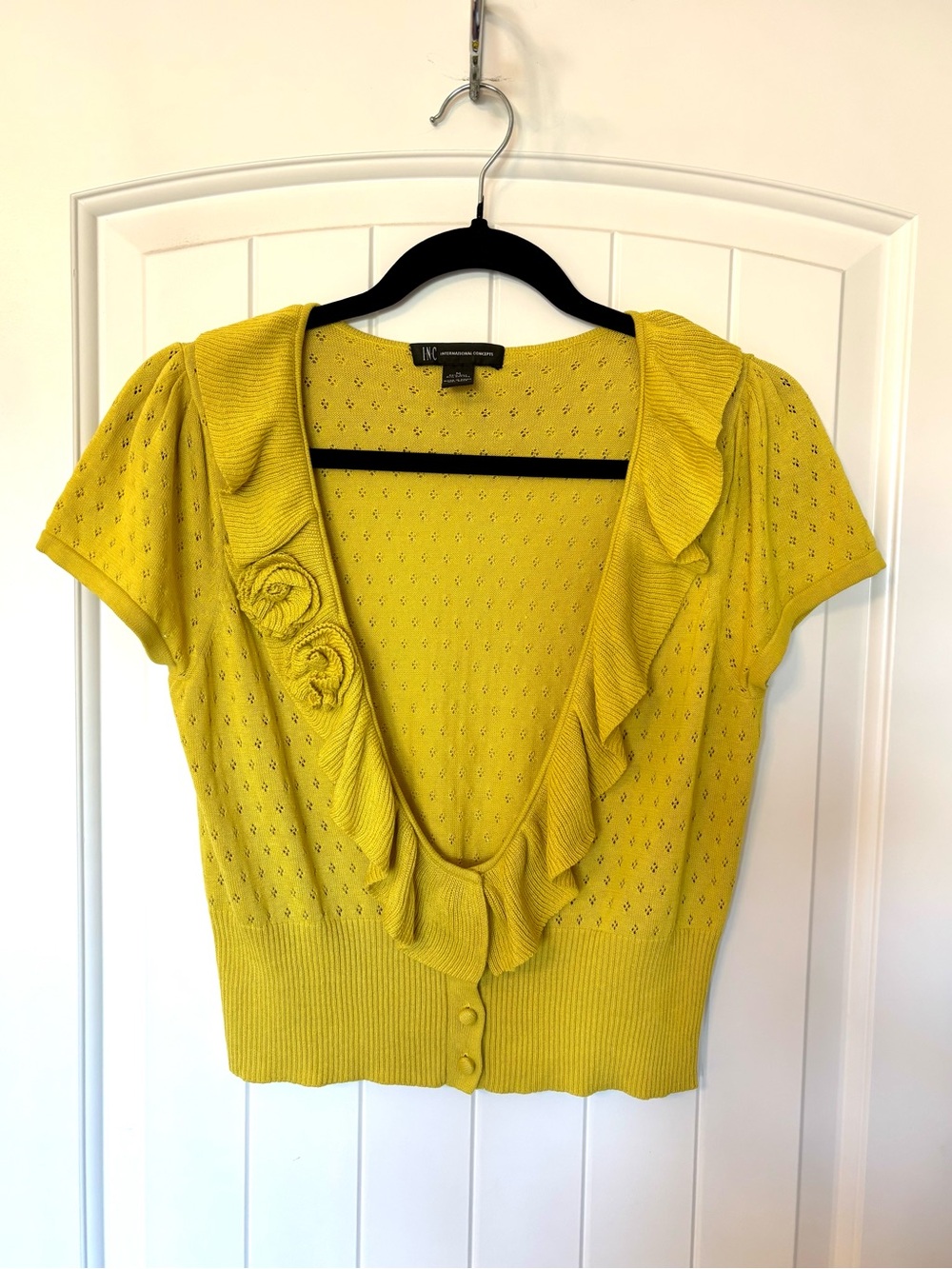 INC International Concepts Chartreuse Ruffle V-Neck Short Sleeve Bolero cardigan